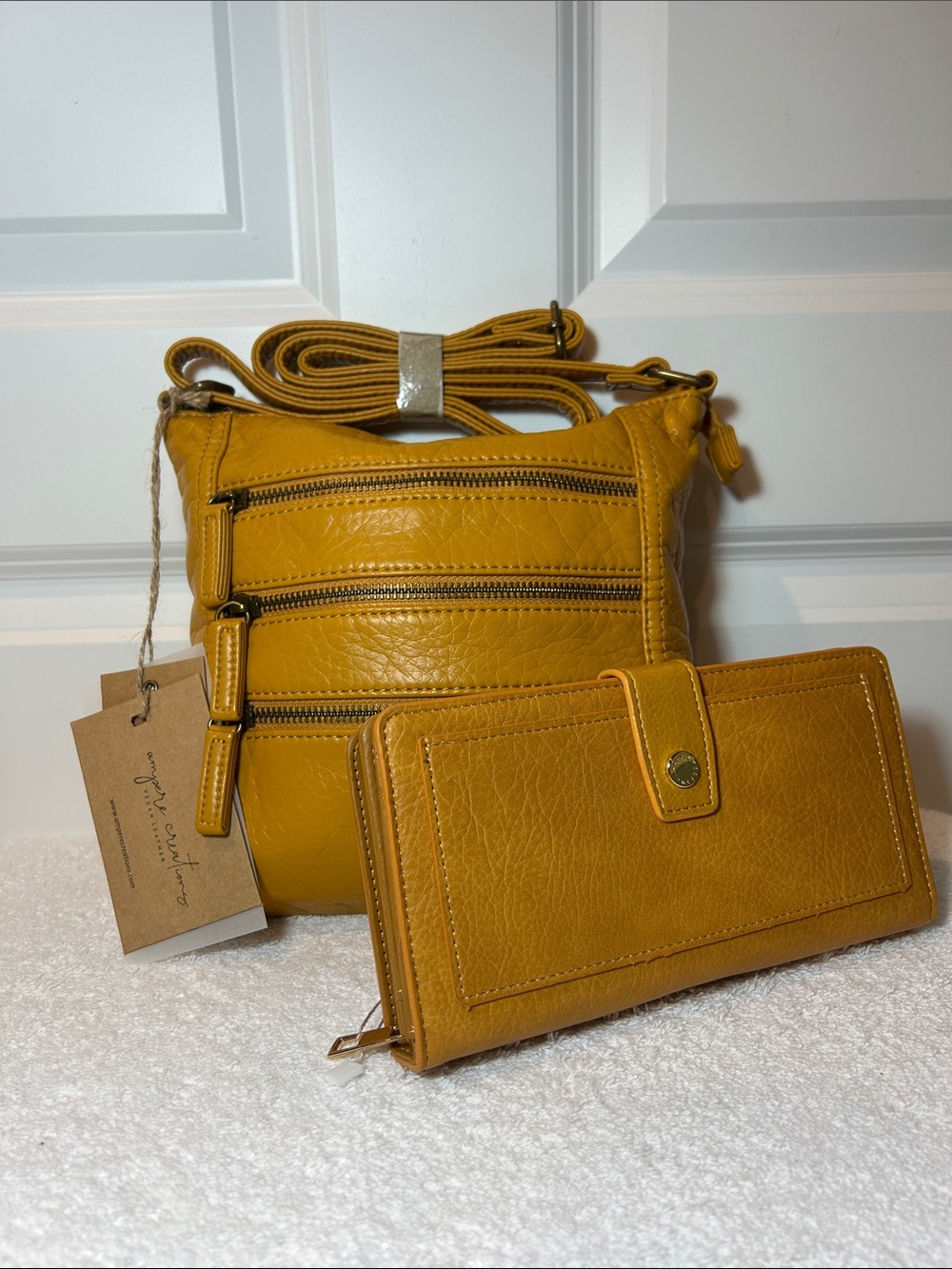 Ampere Creations Mustard Yellow Crossbody Bag with Stylish Zip Around Wallet.